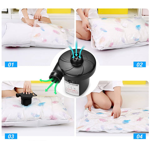Beast Portable Electric Air Pump with Three Nozzles inflating a floral air mattress indoors, showing quick inflate feature.