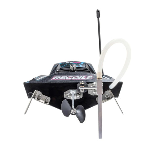 Rear view of Recoil 2 18 Inch Brushless Shreddy RTR with Water-Cooled Motor and ESC Self-Righting Deep-V Hull showing propeller and stabilizing rods.