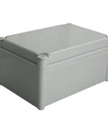 Dang Tough Weatherproof Plastic Junction Box Electrical Enclosure With Rock Solid IP67 Seals For Outdoor DIY Wiring Projects Includes Mounting Hardware Gray, gray plastic enclosure viewed from the side.