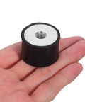 Rubber Shock Absorber Mounts For Noise Reduction And Vibration Damping In Industrial And Factory Environments 12 Pack With Heavy Duty Double Ended Threaded Cylindrical Design Durable Anti Vibration Feet And Washers, black rubber and zinc threaded mount in hand