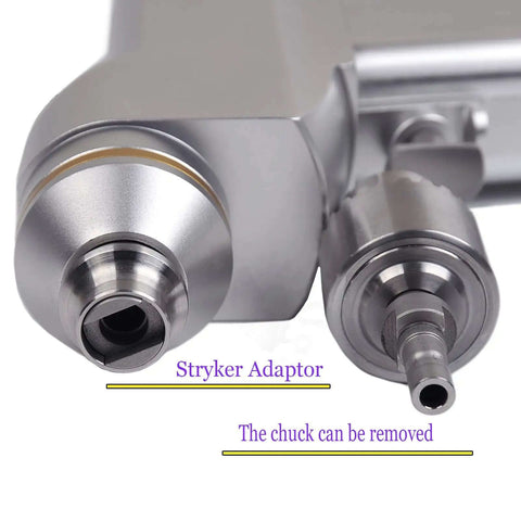 Pro Ready Veterinary Cannulated Bone Drill Running Smooth With Variable Speed Control And Kirschner Needle Compatibility showing Stryker adaptor and removable chuck.
