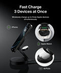 Image showing MagSafe Ready 3 In 1 Qi2 15W Wireless Charger Station with Travel Stand charging iPhone, Apple Watch, AirPods.
