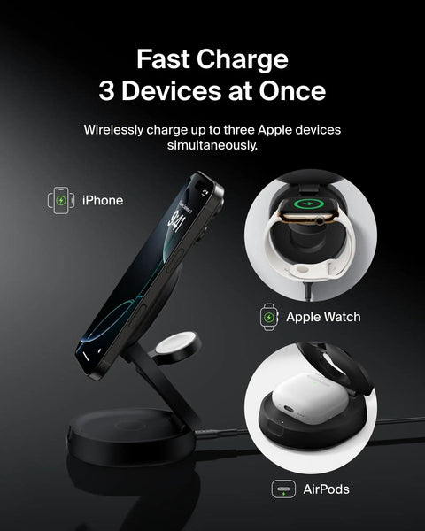 Image showing MagSafe Ready 3 In 1 Qi2 15W Wireless Charger Station with Travel Stand charging iPhone, Apple Watch, AirPods.