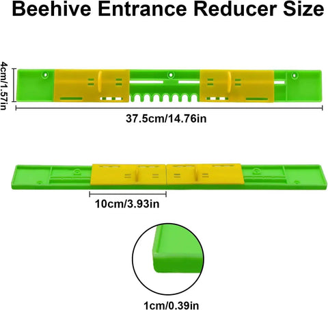 Six Pack Beehive Entrance Reducer Kit With Adjustable Sliding Gate For 10 Frame Hives, 14.76 inch, green and yellow plastic