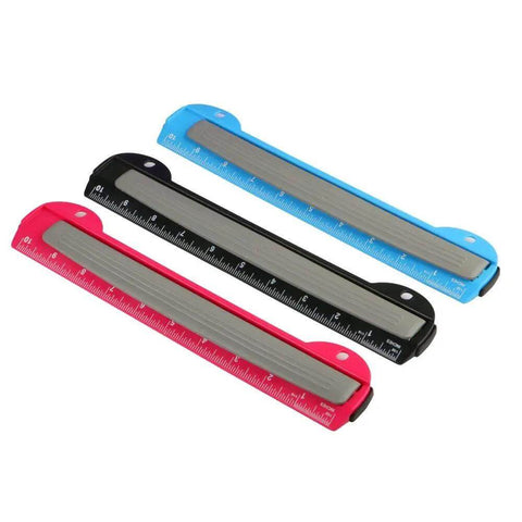 Red, black, and blue 3 Hole Punch For Ring Binders With Built In Ruler, Handy Portable Paper Puncher, 5 Sheets Capacity, on display.