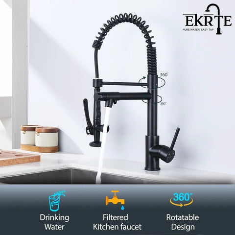 Boss Level Heavy Duty Commercial Style Kitchen Sink Faucet With Single Handle Pre Rinse Sprayer And High Arc Pull Down Matte Black Finish, shown in use.