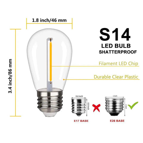 15 Pack Shatterproof S14 LED Bulbs 1W Warm White 2200K For Outdoor String Lights E26 Base Edison Plastic Bulbs UL Listed Waterproof And Weatherproof Energy Saving Replacement For Vintage Look - E26 base shown in image with bulb dimensions and filament details