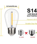 Diagram of 25 Pack Shatterproof S14 LED Replacement Bulbs For Outdoor String Lights One Watt Equivalent, E26 base dimensions.