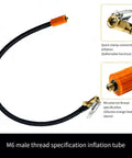 Heavy Duty Air Pump Hose Connector With Locking Air Chuck For Std Tire Valves And Fine Thread Tire Inflator Hose Adapter Fits Car Motorcycle Bike For Rescue Work With Screw Clamp Flex Ranging 16Cm To 100Cm For Quick Fixes Any Time Keep Your Ride Safe. black braided hose with orange M6 fittings and locking air chuck