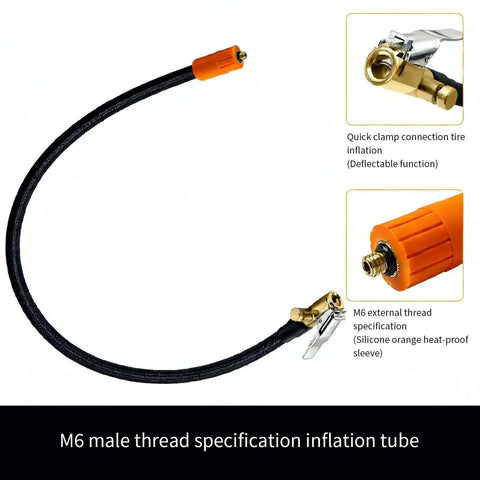 Heavy Duty Air Pump Hose Connector With Locking Air Chuck For Std Tire Valves And Fine Thread Tire Inflator Hose Adapter Fits Car Motorcycle Bike For Rescue Work With Screw Clamp Flex Ranging 16Cm To 100Cm For Quick Fixes Any Time Keep Your Ride Safe. black braided hose with orange M6 fittings and locking air chuck