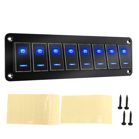 Eight Gang Aluminum Toggle Switch Panel For DC 12V To 24V Systems Waterproof Oxidized Black Finish 20A 5 Pin Blue LED
