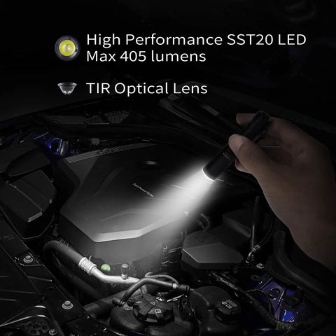 Hand using Dope Archer Mini EDC Flashlight USB C Pocket Light With 405 Lumens IPX8 Waterproof Mini Penlight Clip in engine bay