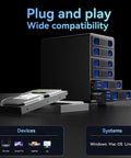 Smooth Operator Six Bay Aluminum Hard Drive Enclosure With Smart Cooling Fan USB 3.2 Gen 2 Type A C shown with drives ready for hot swap.