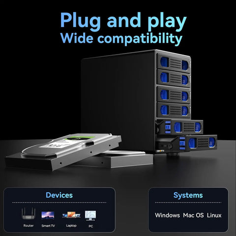 Smooth Operator Six Bay Aluminum Hard Drive Enclosure With Smart Cooling Fan USB 3.2 Gen 2 Type A C shown with drives ready for hot swap.