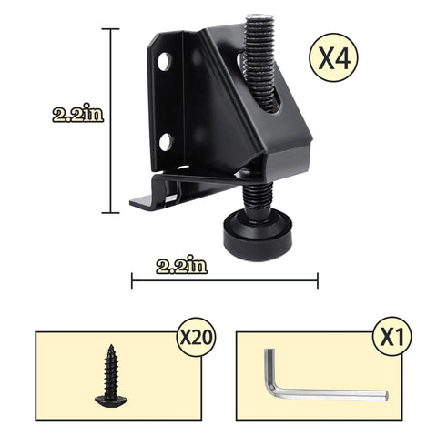 Heavy Duty Adjustable Leveling Feet 4 Pack Galvanized Steel Leg Levelers With L Shaped Brackets for 2.2in tables and cabinets.