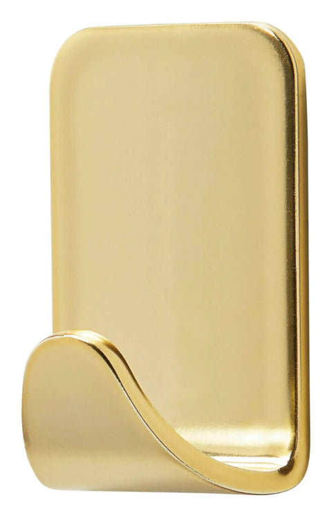 Small Brass Tone Metal Hooks With Adhesive Strips, 4 Hooks And 5 Strips, Damage Free Wall Hangers, single brass hook close-up