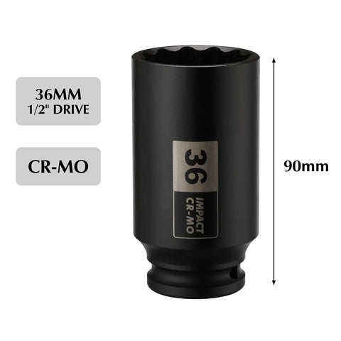 One Half Inch Drive Deep Spindle Axle Nut Impact Socket 36mm 12 Point CR MO Steel with black phosphate finish
