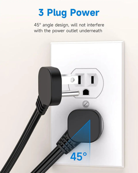 Ultra Thin Flat Plug Extension Cord 1Ft Right Angle Low Profile 3 Prong Grounded Power Cable in use at wall outlet