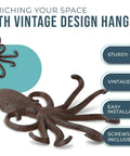 Rad Cast Iron Octopus Wall Hook Rustic Brown Antique Finish with detailed sculpted tentacles for keys and towels.
