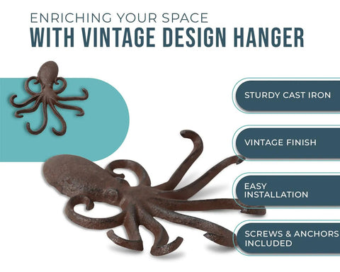 Rad Cast Iron Octopus Wall Hook Rustic Brown Antique Finish with detailed sculpted tentacles for keys and towels.