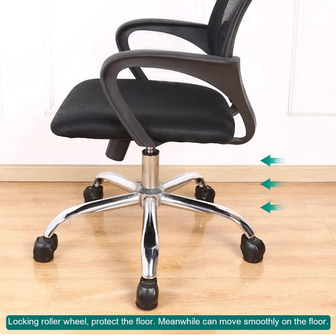 2 Inch Office Chair Wheel Stopper Set Of 5 Soft Felt Caster Cups shown installed on black office chair over hardwood floor