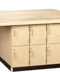 Heavy Duty Hardwood Workshop Workbench With 12 Door Vertical Lockers Shop Ready Grind Station showing maple top and locker compartments.