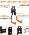 Heavy Duty Garage Storage Hooks Set Of 18 With Extra Weld Point For Strong Tool Organization showing orange PVC coated hooks and features