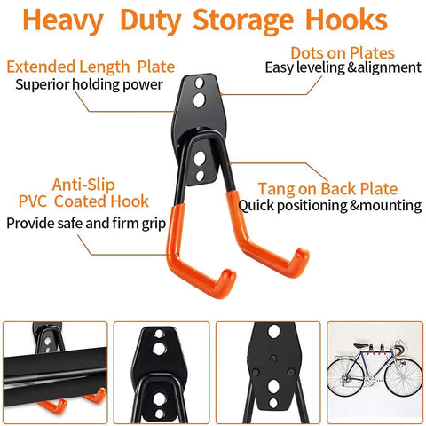 Heavy Duty Garage Storage Hooks Set Of 18 With Extra Weld Point For Strong Tool Organization showing orange PVC coated hooks and features