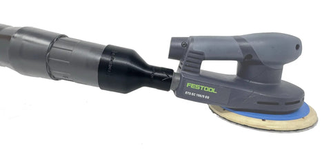 27mm Port Dust Collection Hose Adapter For Two And A Half Inch Hose Fits Domino DF 500 XL 700 Rotex ETS DTS RTS Sanders Made In USA Durable High Density Polymer Construction For Long Lasting And Heat Resistant Performance connected to a Festool sander.