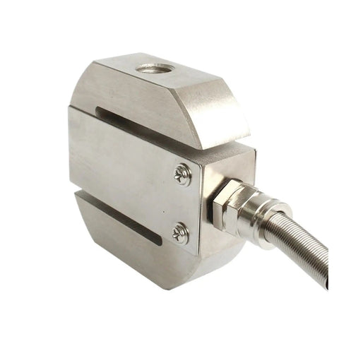 Circular S-Type Tension And Pressure Sensor For Industrial Weighing Systems, Press Machines, Hoisting Equipment, And Railway Signal Control, 5KG Capacity, Heavy-Duty Rugged Industrial Grade Sensor in metallic finish.