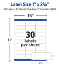 Level Up Your Shipping Game With These Super Slick Printable Address Labels Designed With Hassle Free Sure Feed Tech Smooth Peeling 1X2 5/8 Customizable White Stickers 750 Count Premium Sheets For Everyday Organization Needs size chart displaying 1x2 5/8 labels and layout.