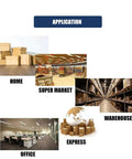 Application uses for packing tape in home, supermarket, warehouse, office, and express delivery settings with images.