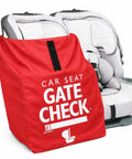 Go To Gate Check Car Seat Travel Bag For Airplane Lightweight Protective Cover in bright red with white text on car seat