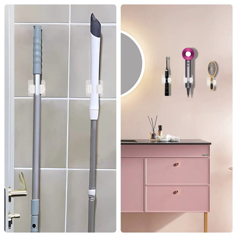 8 Piece Broom And Mop Wall Mount Kit With Self Adhesive No Drill Anti Slip Organizer holding tools in kitchen and bathroom