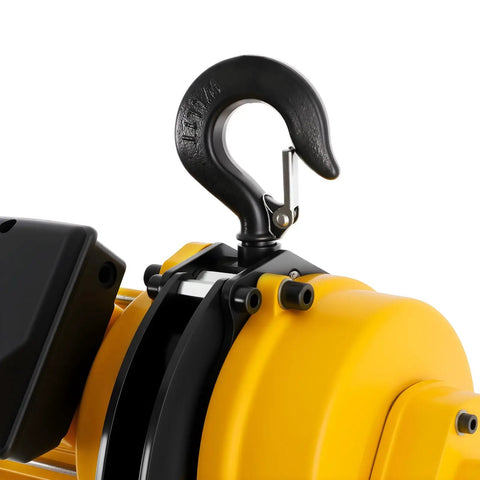 Powerful Heavy Duty Electric Chain Hoist 2200 Lbs Lift With 10 Ft Range And 1300W Motor close-up of black hook with safety latch.