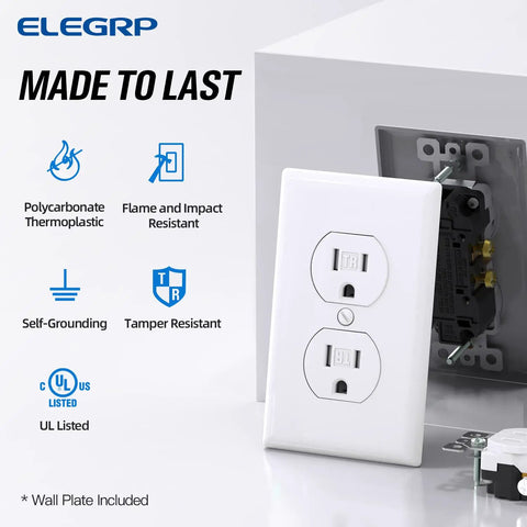 Tamper-Resistant Duplex Receptacle 15A 125V Wall Outlet With Wall Plate, Self-Grounding 2 Pole 3 Wire 5-15R, Residential Grade UL Listed, Glossy White, Pack Of 10