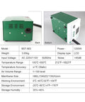 Back and bottom view of 1200W Hot Air Rework Soldering Station With Touch Screen LCD and specs chart, green casing.