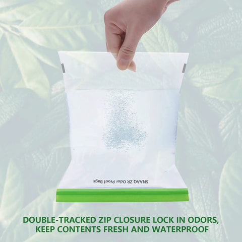 Odor Proof Storage Bags 12x20 Inch Reusable Dual Zip Barrier Bags being held by hand showing waterproof feature