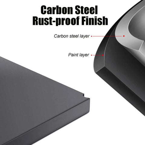 Close-up of carbon steel rust-proof finish on Five-Tier Metal Microwave Storage Rack On Wheels With Side Guardrails.