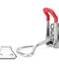 Heavy Duty Stainless Steel Adjustable Toggle Latch With 600kg Strong Hold, Secure Equipment Clamp featuring a red plastic grip handle.