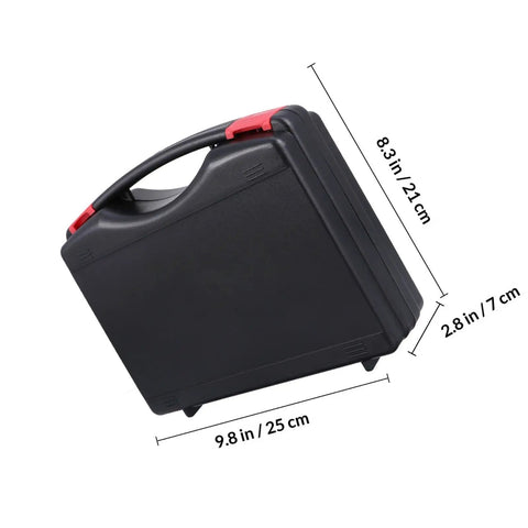 Grab And Go Heavy Duty Plastic Tool Box With Carry Handle Hella Sturdy PP Plastic Case For Cars Garage Or Gear Sorting Foldable Lightweight Yet Super Durable Travel Organizer Kit side view with dimensions shown.