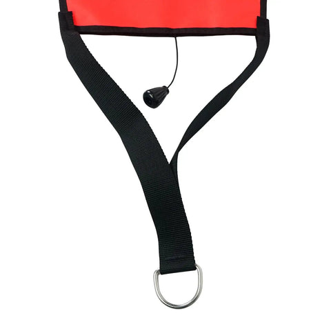 Close-up of straps and over pressure valve on the Big Neon High Visibility 50 Lb Lift Bag For Scuba Diving With Over Pressure Valve