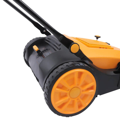 Close-up of Big 41 Inch Walk Behind Floor Sweeper Machine For Garage Warehouse And Driveway Crush Junk Fast With Zero Sweat Heavy Duty Manual Push Broom.