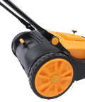 Workhorse Walk Behind Outdoor Sweeper, No Fuss Hand Push Pavement Cleaner With Generous Debris Hopper, Zero Cord Hassle close-up view of wheel and handle.