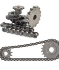 2 Pack Size 25 Roller Chain Sprocket With 8mm Bore, 20 Teeth, C45 Carbon Steel Black Oxide Coated For Rust Resistance, shown with chain