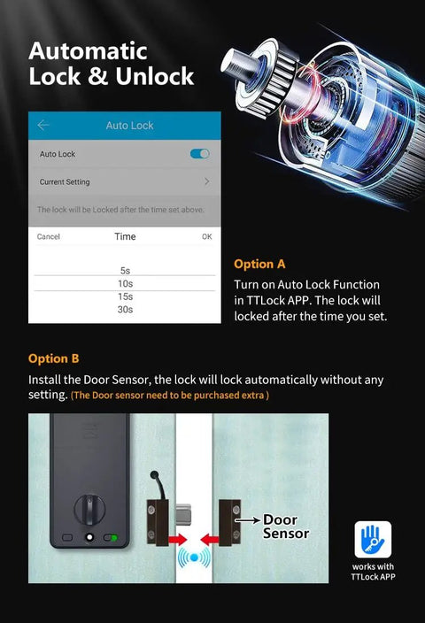 Automatic lock and unlock settings displayed in TTLock APP for Top Notch Smart Electronic Deadbolt With App Key Digital Lock.