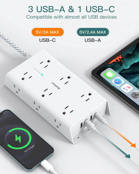 Surge Protector Power Strip With 12 Wide Outlets And 4 USB Ports Including USB C 5 Foot Extension Cord in use
