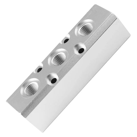 Rock Solid Aluminum 3 Way Pneumatic Manifold Air Distribution Block With No Fuss Quick Connect Fittings Dual Inlets Triple Outlets for precision air systems.