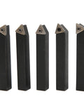 Five black 3/8in indexable turning tools with carbide inserts mounted on tin-coated tool holders