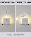 Plug-in & Hardwired LED Wall Sconce, Dimmable Wall Mount Reading Light with USB A & Type C Charging Ports, Flexible Gooseneck, Storage Shelf & Ambient Backlight, Matte White for Bedroom Bedside Hotel with two lighting options.